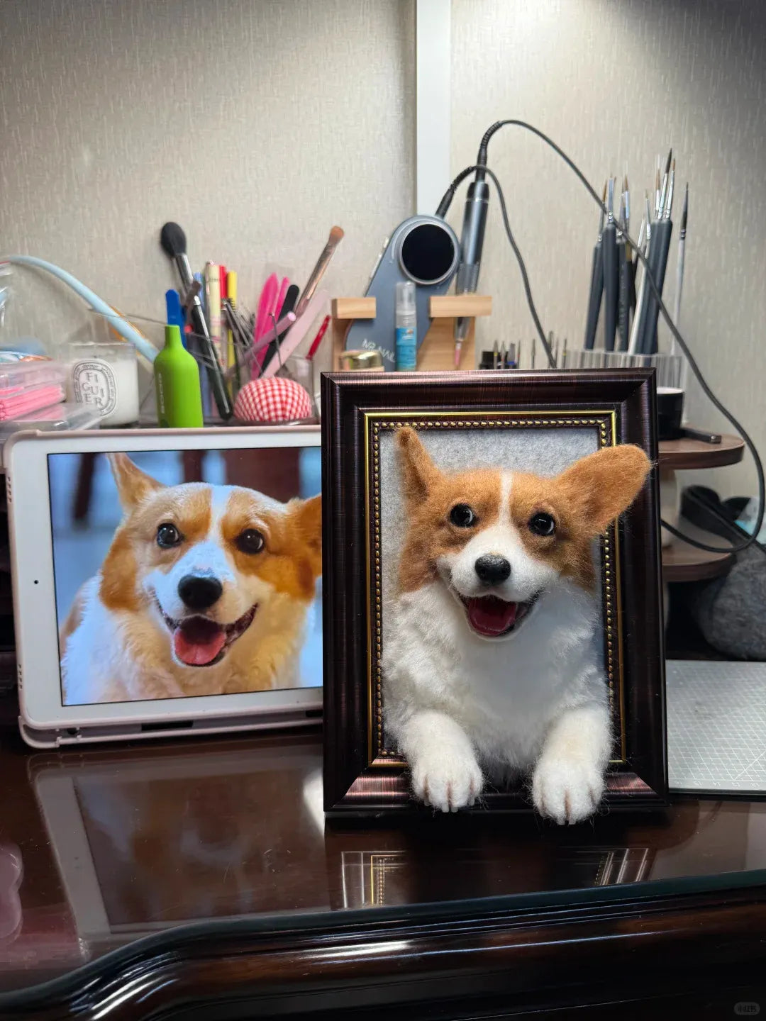 A finished custom wool felt pet keepsake